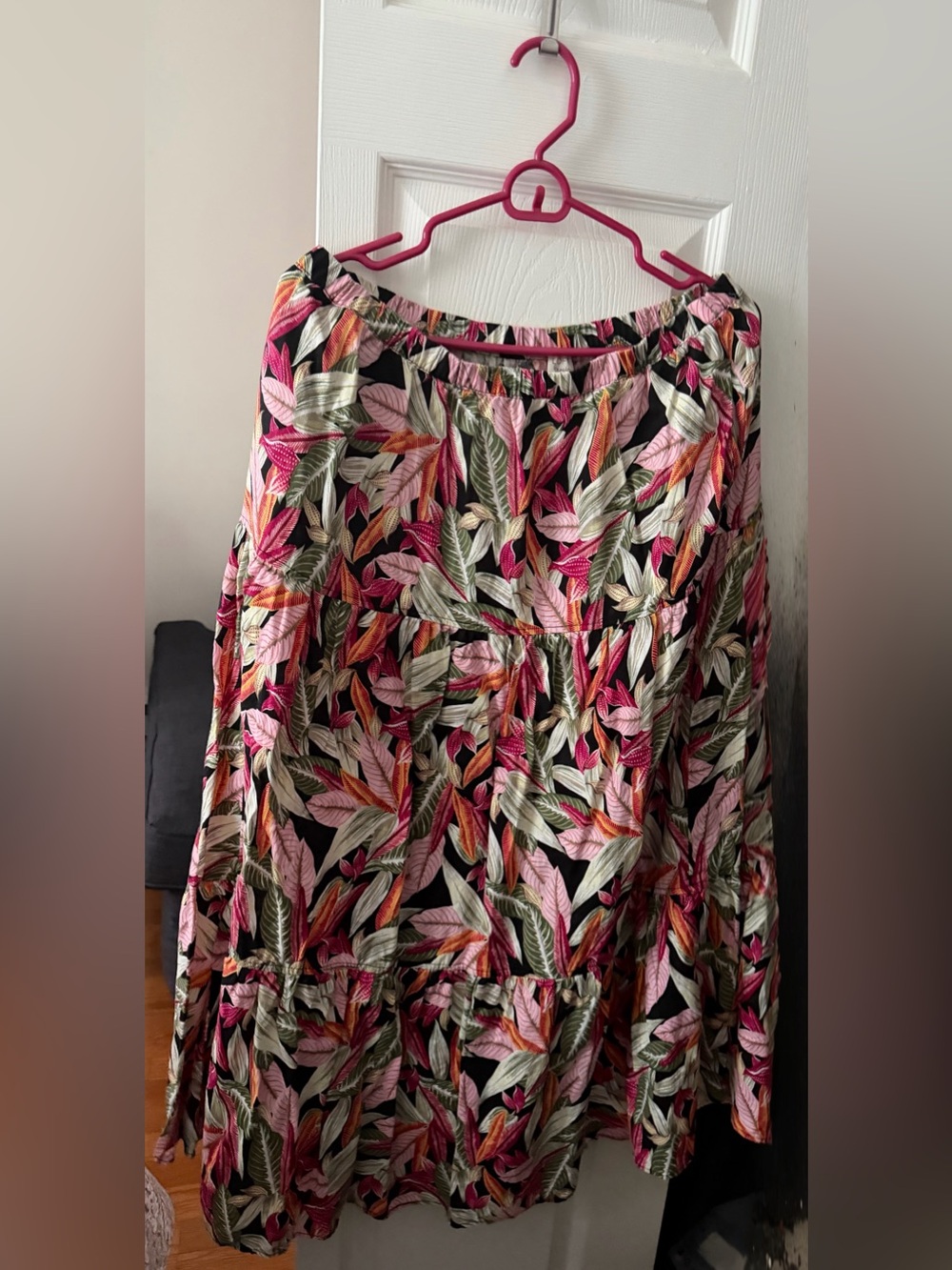 LOFT Black Maxi Skirt with Pink, Green & Orange Leaf Print